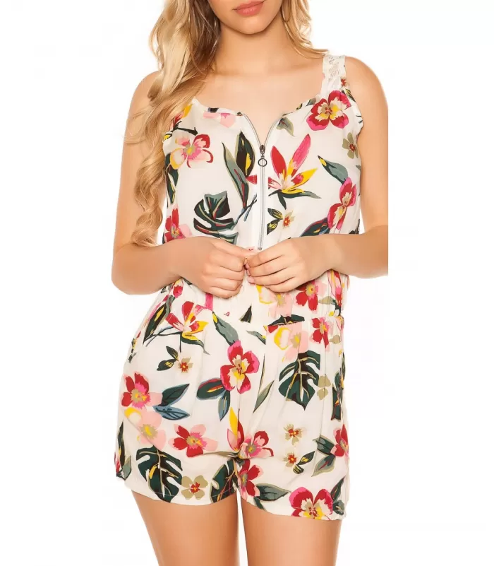 Valkoinen kukkakuvioinen vetoketjukoristeinen playsuit