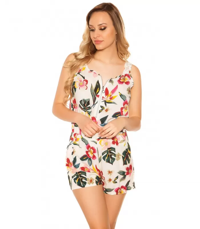 Valkoinen kukkakuvioinen vetoketjukoristeinen playsuit [LÖYTÖ]