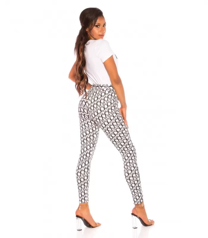 Valkomustat printtikuvioiset treggingsit vyöllä [TAMMIALE -20%]