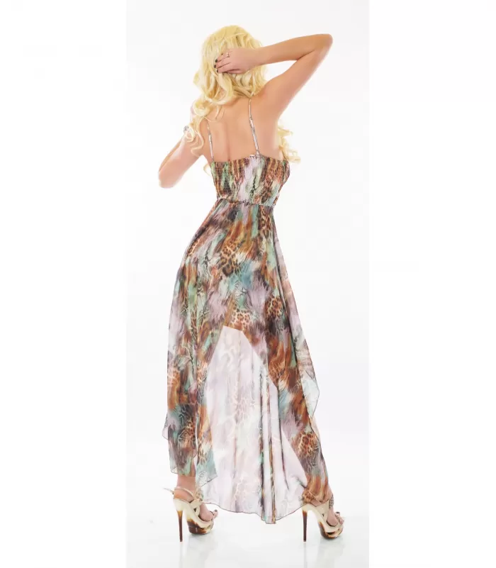 Vihreä leokuvioinen high low -mekko strasseilla