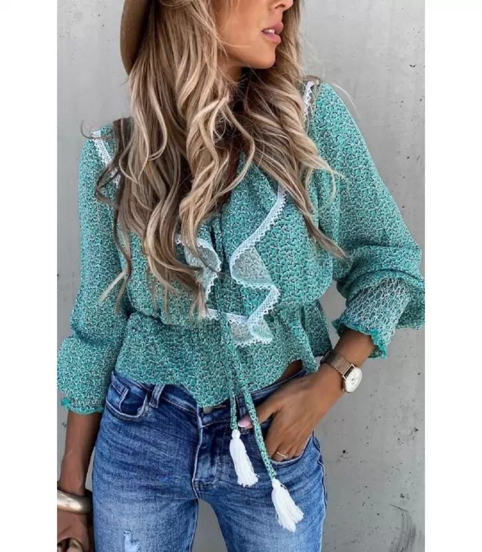 Vihreä printtikuvioinen lyhyt röyhelöpusero pussihihoilla [TAMMIALE -20%]