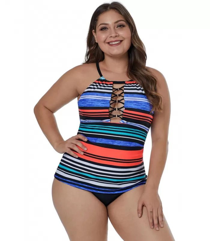 Värikäs raidallinen nyörikoristeinen tankini