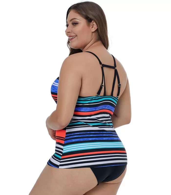Värikäs raidallinen nyörikoristeinen tankini