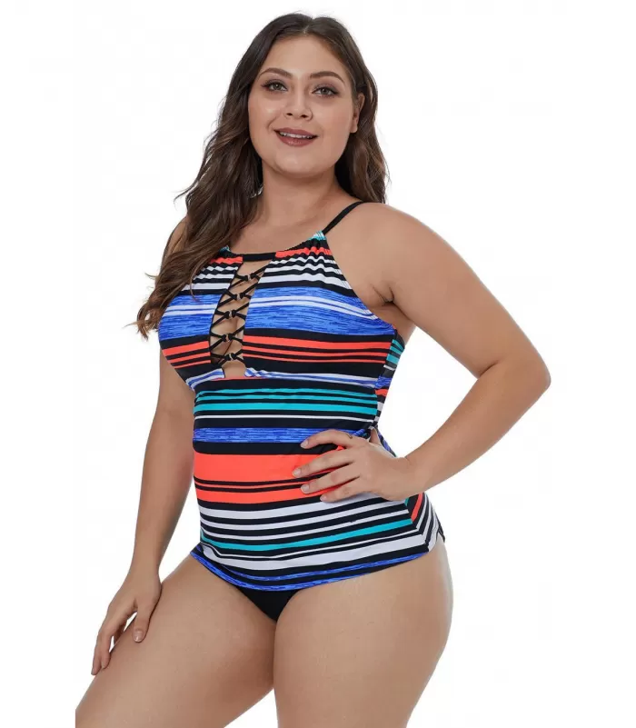 Värikäs raidallinen nyörikoristeinen tankini