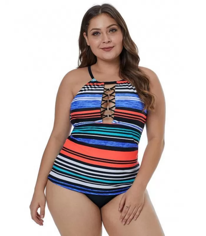 Värikäs raidallinen nyörikoristeinen tankini