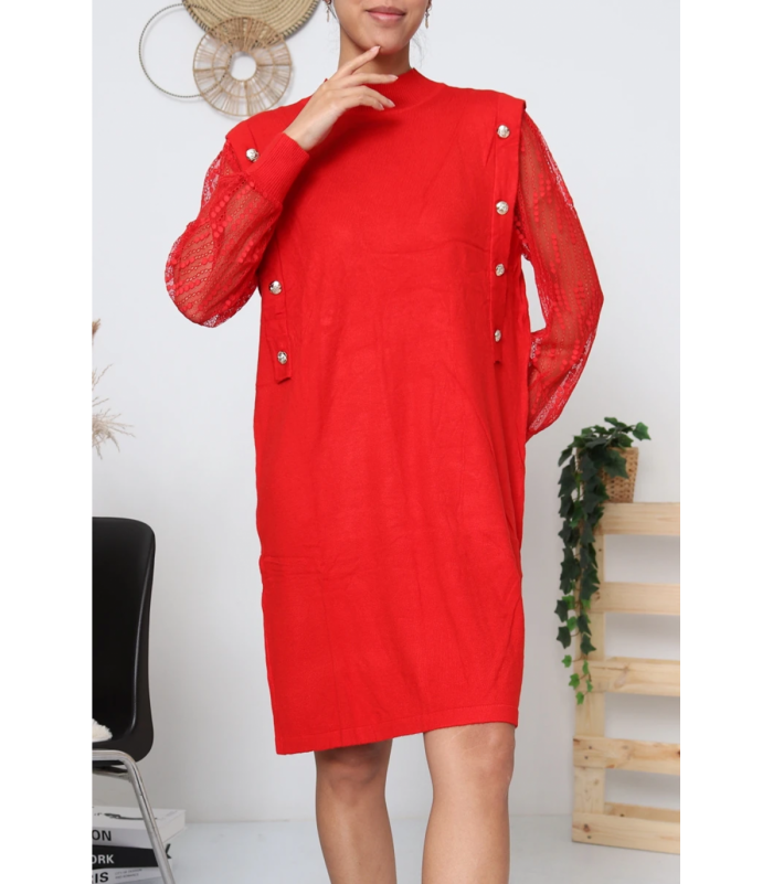 WHOO punainen väljä neulemekko pitsihihoilla ja napeilla