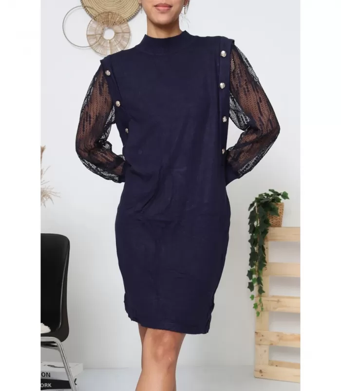 WHOO tummansininen väljä neulemekko pitsihihoilla ja napeilla