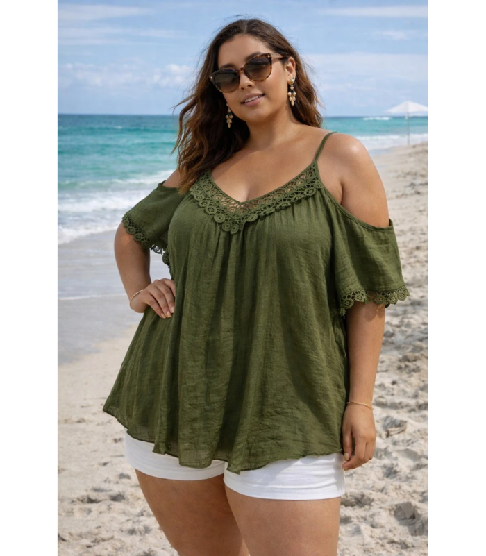 World Fashion koristekirjailtu khaki lyhythihainen paita (plus size)