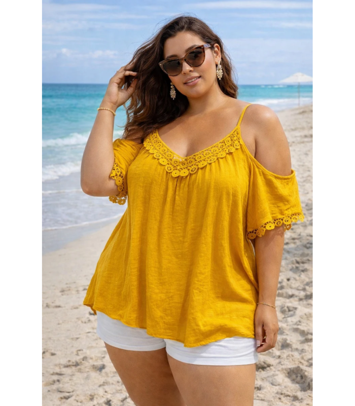 World Fashion koristekirjailtu sinapinkeltainen lyhythihainen paita (plus size)