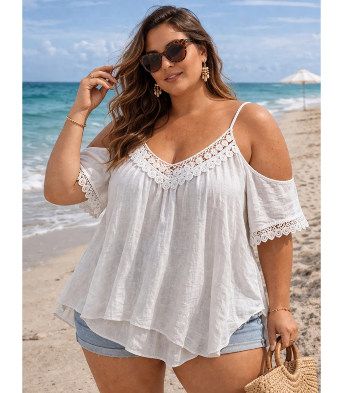 World Fashion koristekirjailtu valkoinen lyhythihainen paita (plus size)