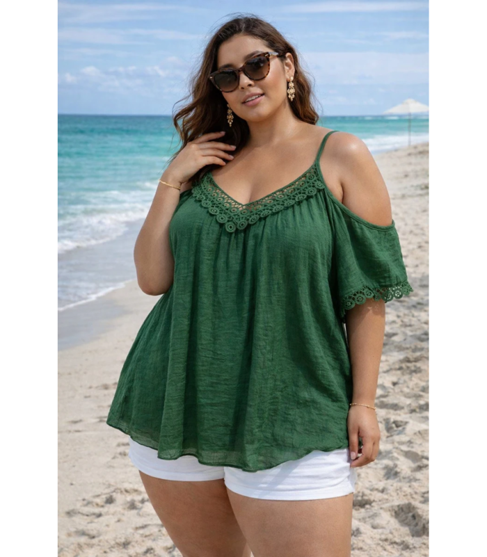 World Fashion koristekirjailtu vihreä lyhythihainen paita (plus size)