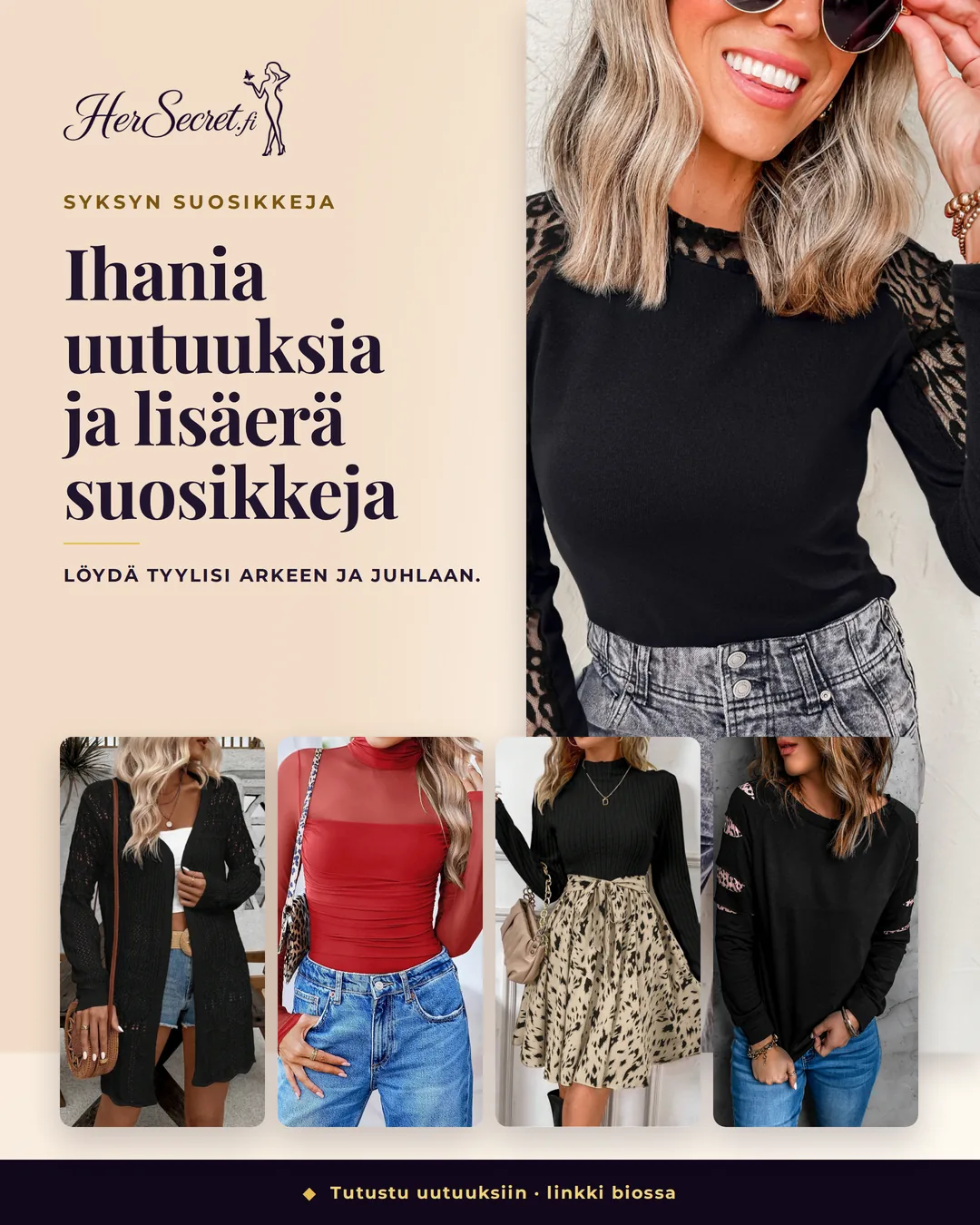 Syksyn vaatekollaasi: musta paita leopardimesh-hihoilla, pitkä musta virkattu neuletakki, punainen mesh-paita, musta-khaki kuviomekko vyöllä ja musta paita leohalkiohihoilla